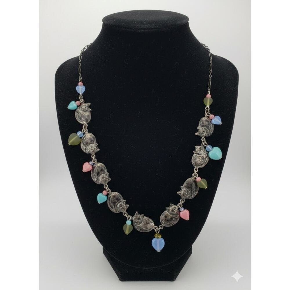 Vintage 1970s Lucy Isaacs Sterling Silver Cat Charm Necklace With Colored Beads